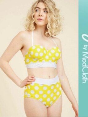 ModCloth | Yellow Polka Dot High Dive 2-Piece Bikini Set | Size Large